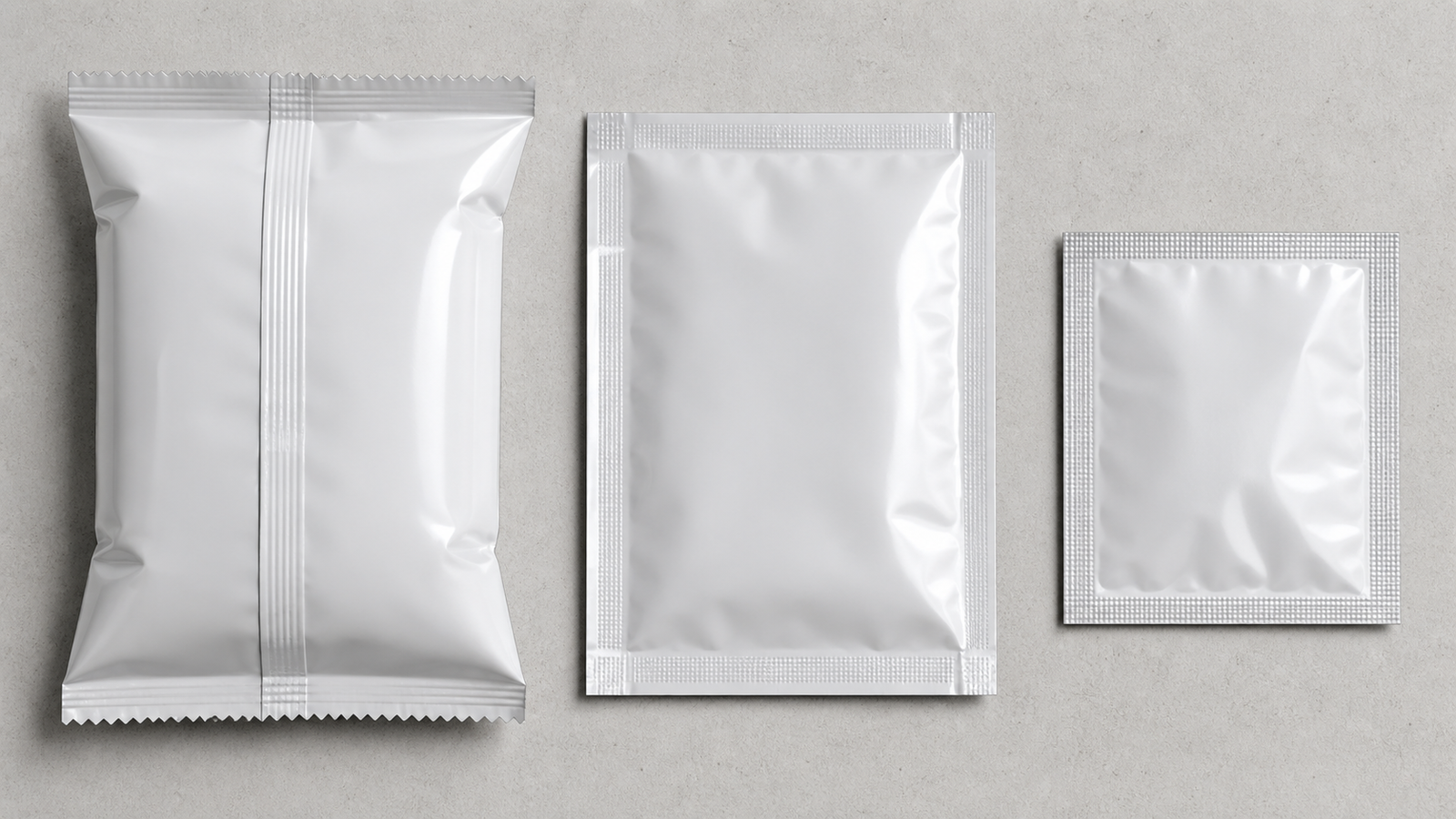 Flat Pillow and Sachet Pouches Unbranded flat pouch, pillow pouch, and sachet showing different compact pouch seal layouts.