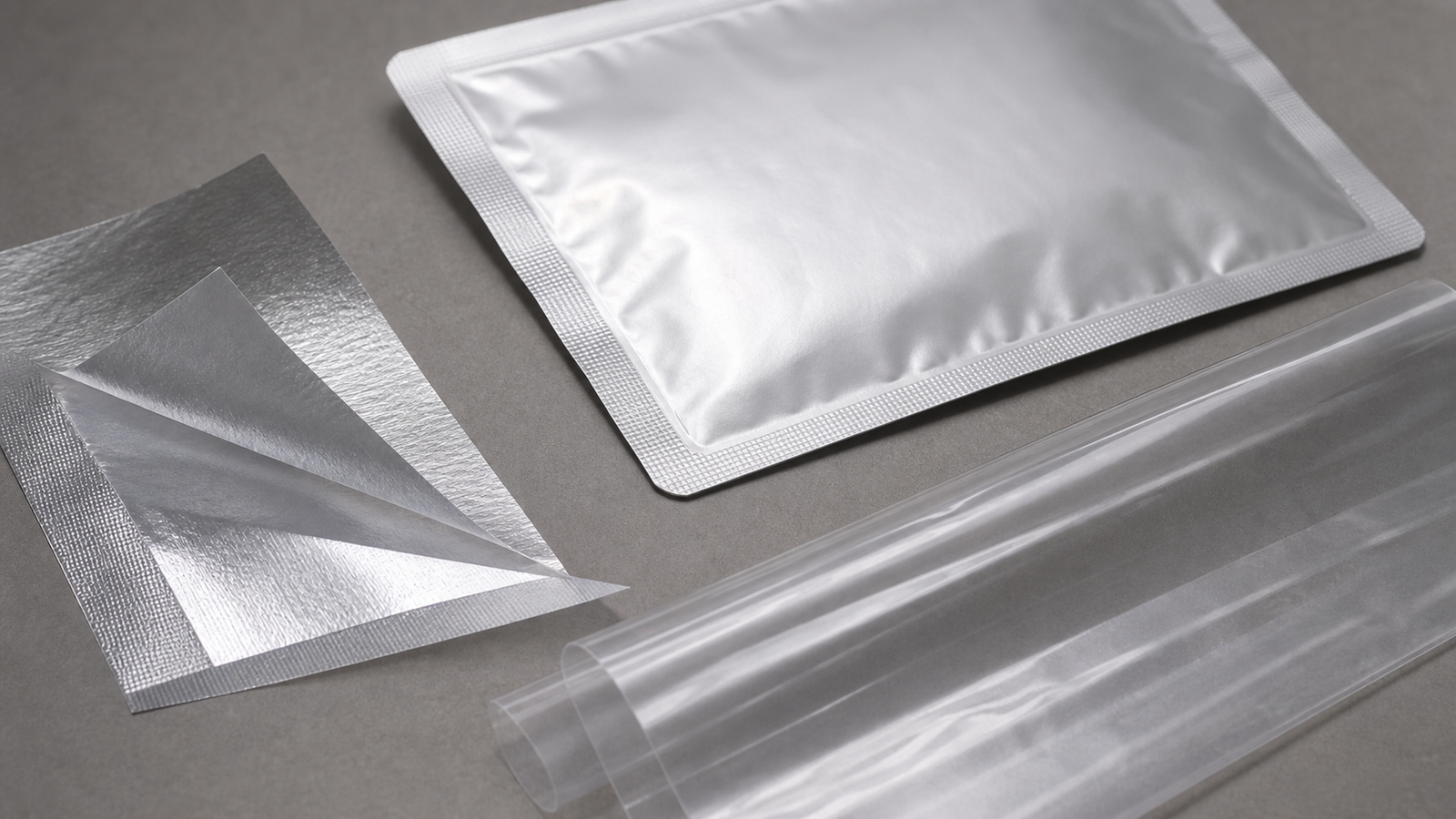 Foil and Transparent Retort Films Silver foil and transparent unbranded retort pouch samples beside film swatches.