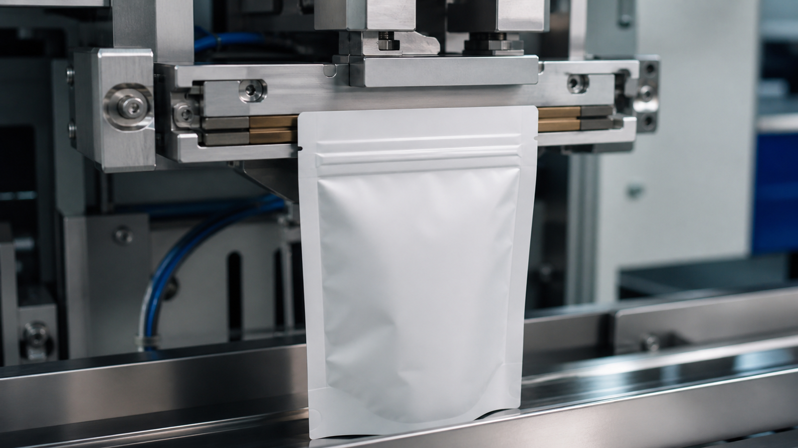 Pouch Filling Line Check Unbranded premade pouches positioned near a filling and sealing machine for equipment compatibility checking.