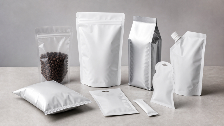 Unbranded lineup of different flexible pouch formats including stand-up, flat, gusseted, sachet, box, shaped, and spouted pouches.