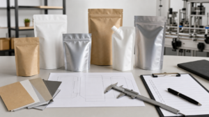 Unbranded flexible pouches, film samples, calipers, and a pouch dieline arranged on a packaging specification desk