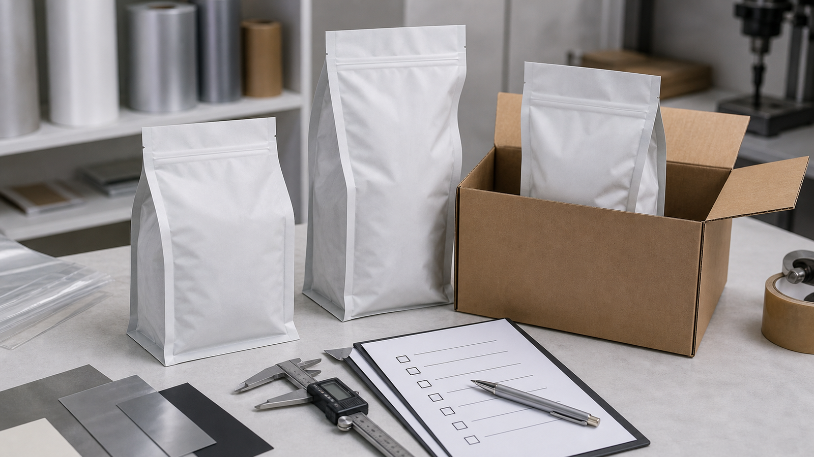 Filled Pouch Carton Fit Check Filled gusseted pouches beside a carton, caliper, and blank approval checklist