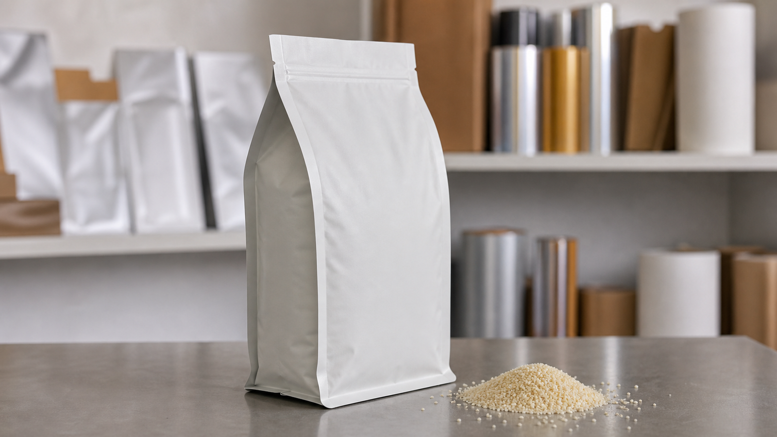Filled Side Gusset Dry Goods Pouch A filled side gusset pouch with expanded side folds and a compact front panel