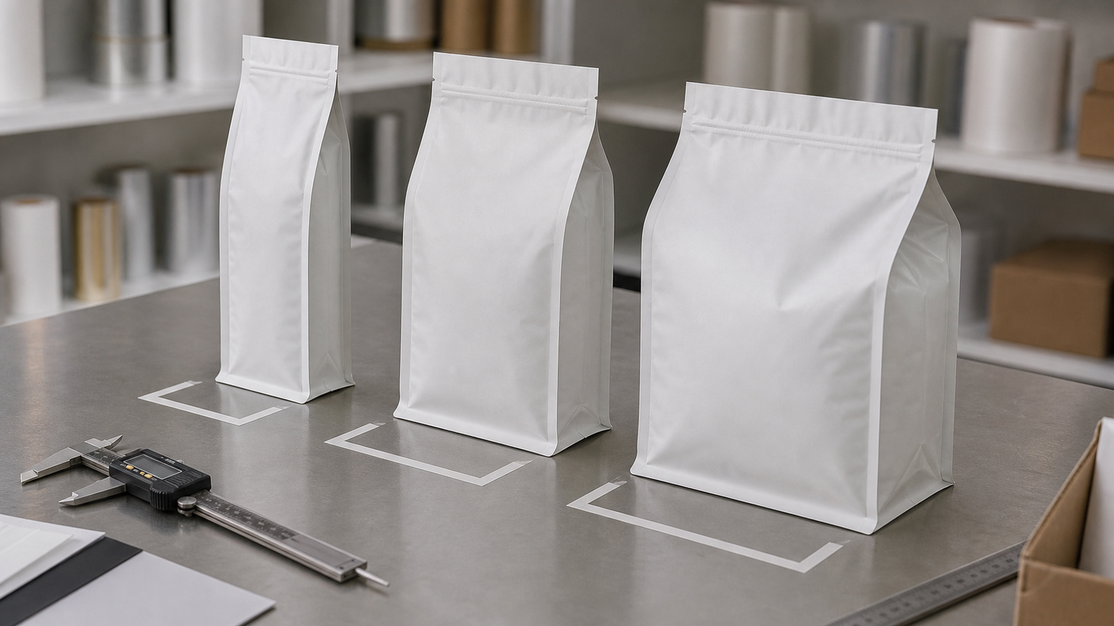 Gusset Depth Measurement Setup Three filled pouches with shallow, medium, and deep gusset depth plus measuring tools