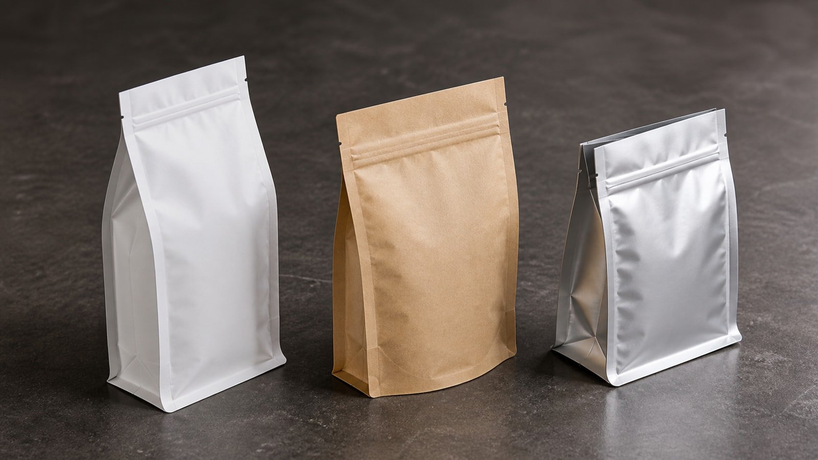 Side Bottom and Flat-Bottom Pouch Samples Three unbranded pouch samples on a dark table showing side gusset, bottom gusset, and flat-bottom structures