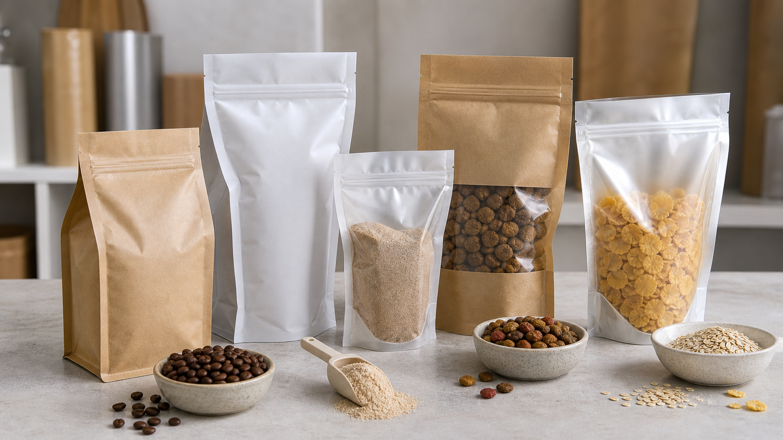 Gusseted Pouch Dry Product Applications Unbranded gusseted pouch samples for coffee, powder, pet treats, and dry foods