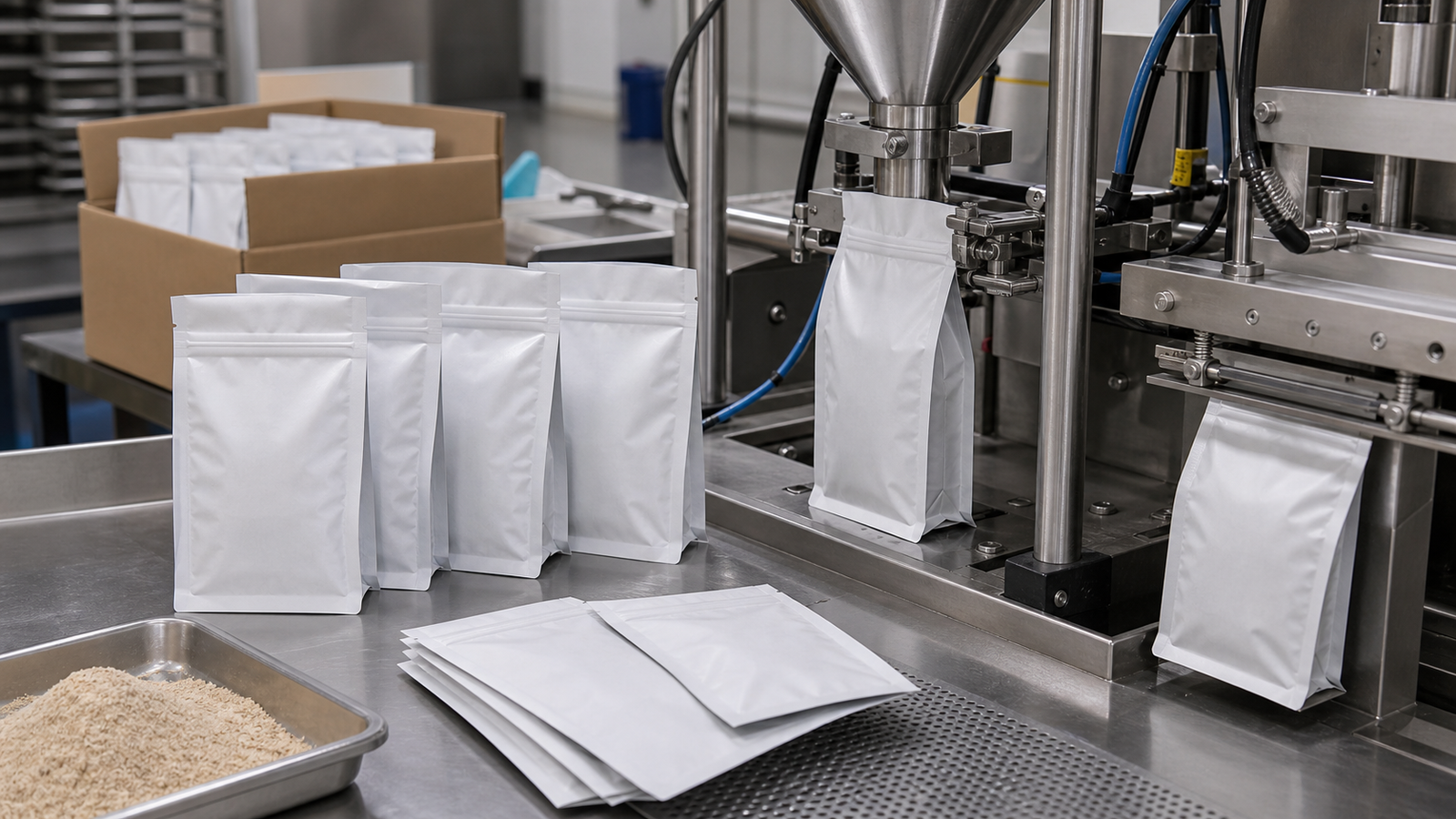 Gusseted Pouch Filling and Sealing Check Unbranded gusseted pouches near a simple filling and heat-sealing station