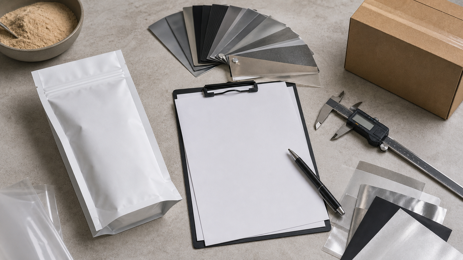 Gusseted Pouch RFQ Workspace A gusseted pouch sample, blank specification sheet, film swatches, calipers, and carton