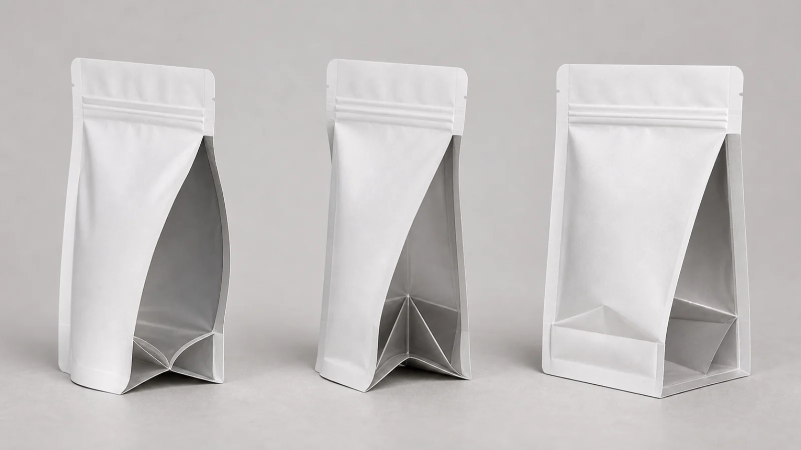 Pouch Base Structures Three unbranded pouches showing Doyen, plow and flat bottom base structures.