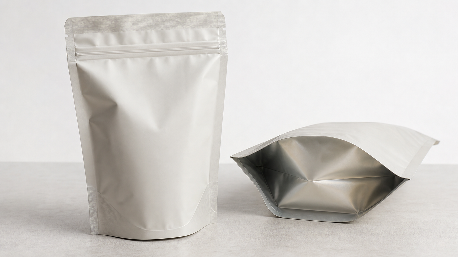 A flat stand-up pouch beside a filled pouch, showing the bottom gusset folded and expanded.