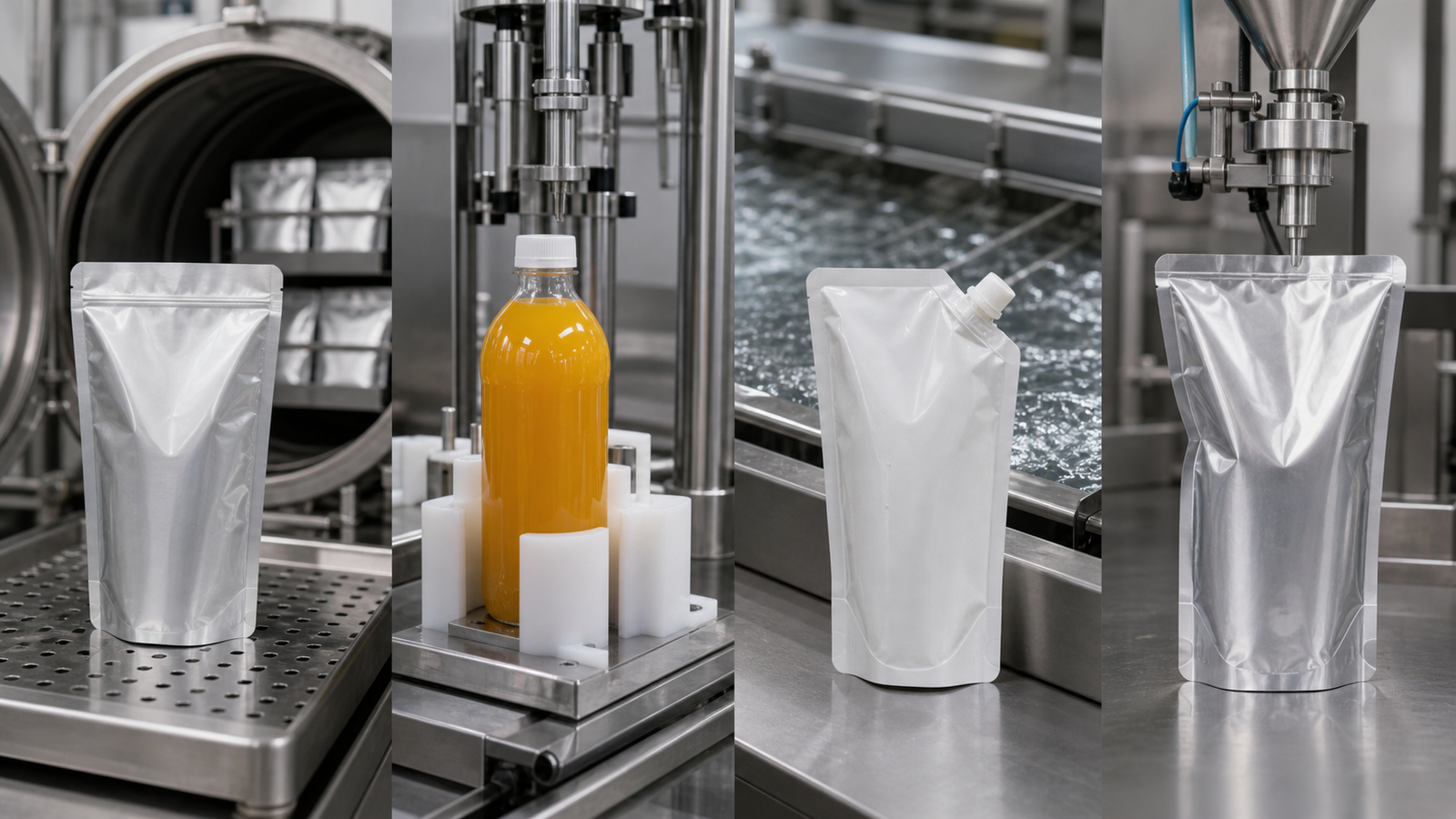 Thermal Process Comparison Four unbranded pouch samples arranged on a technical workspace with blank process cards.