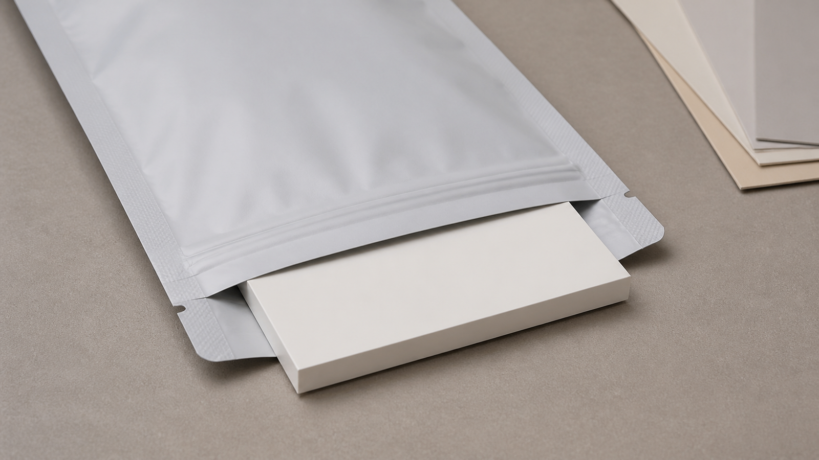 Rigid flat item placed near an unbranded pouch with visible clearance around seals