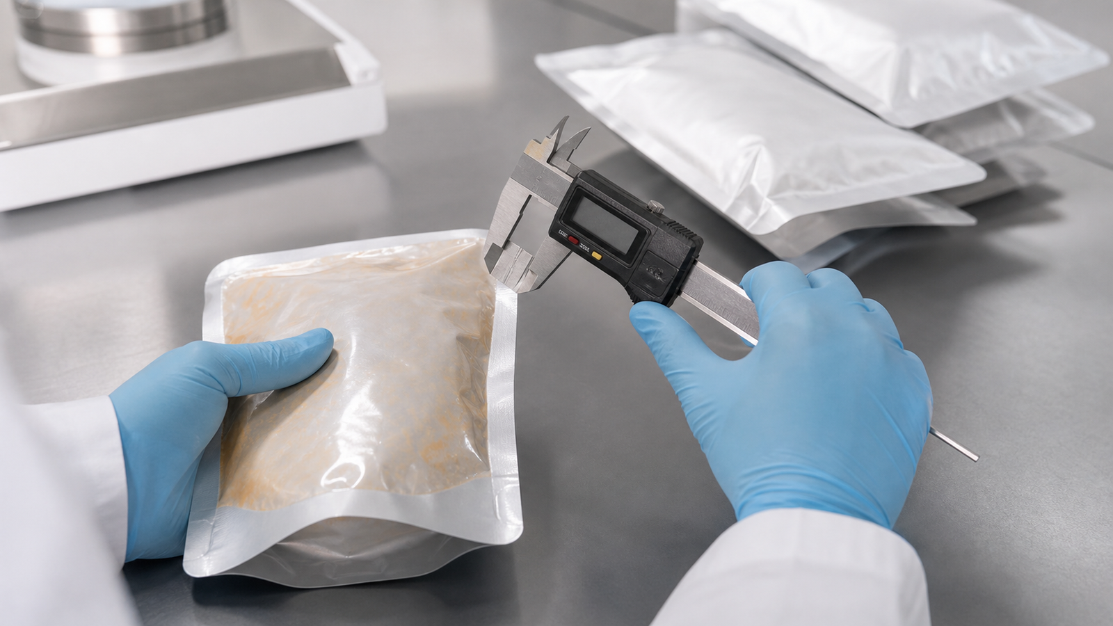 Filled Pouch Thickness Check A filled unbranded retort pouch being measured with calipers on a lab bench.
