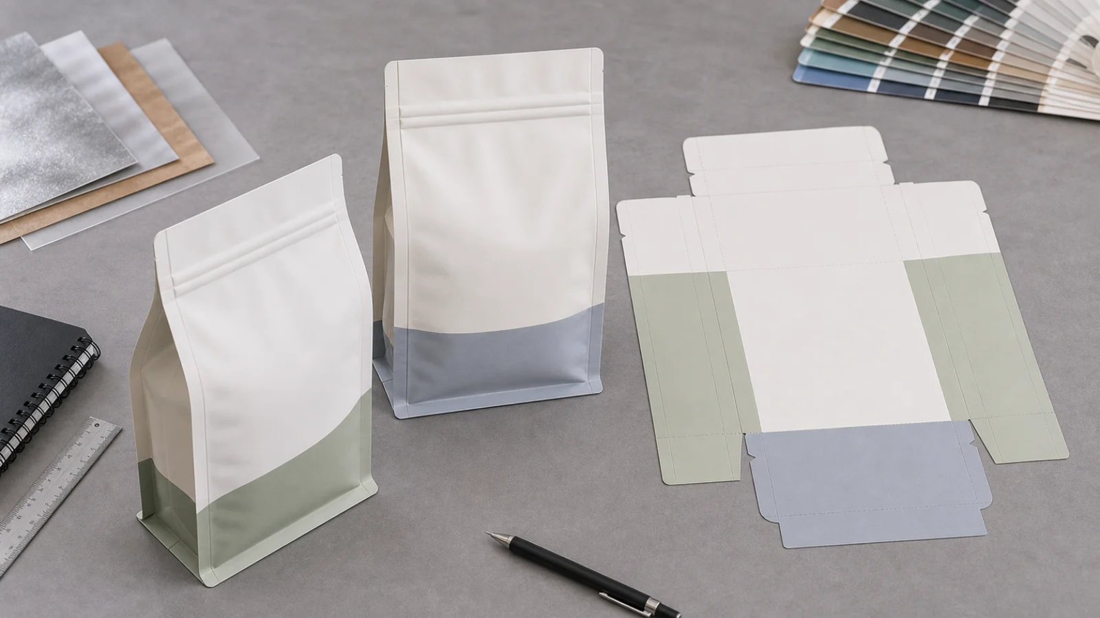 Five Pouch Print Panels An unbranded flat bottom pouch and blank dieline showing five printable panel areas.