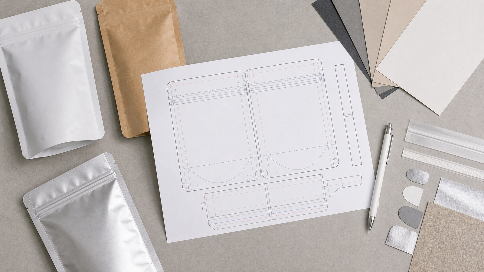 Pouch Dieline Artwork Review Pouch dieline, unbranded sample pouch, color swatches, and ruler arranged for artwork review