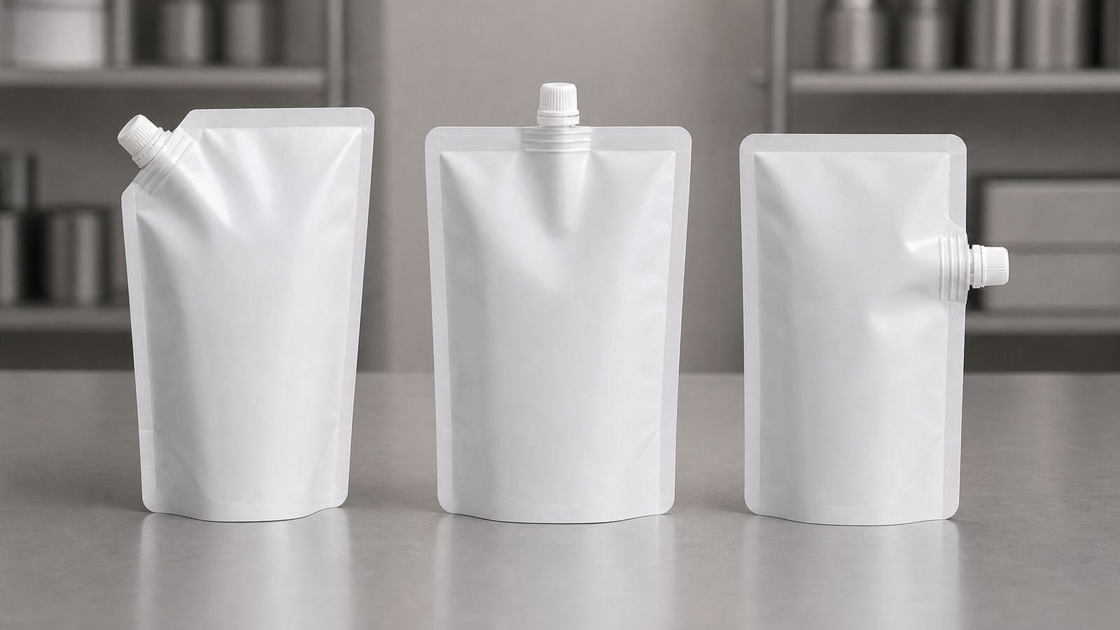 Three unbranded spout pouches showing top-center, corner, and side spout positions.