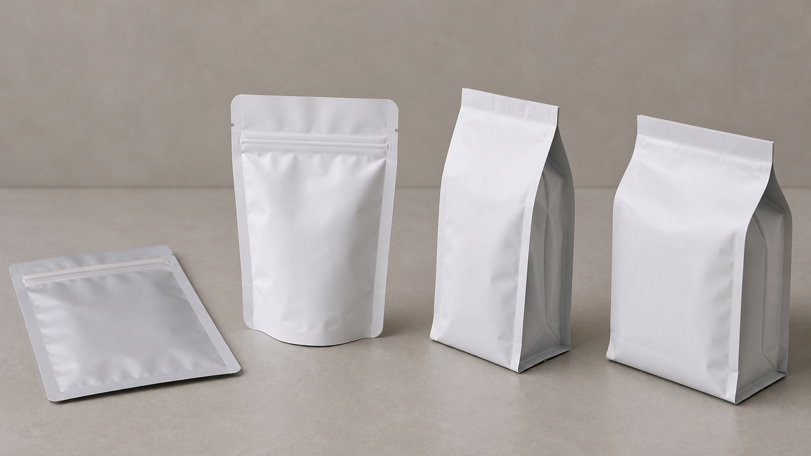 Four unbranded pouch formats arranged to compare measurement shapes