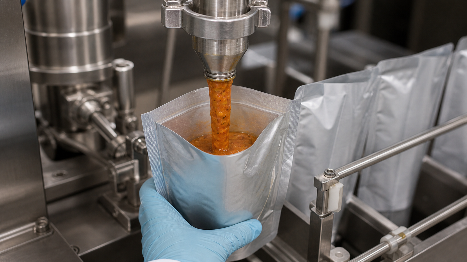Filling Trial Pouch Unbranded retort pouch positioned under a stainless filling nozzle during a trial.