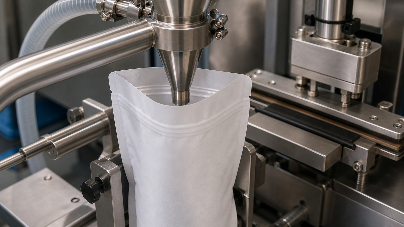 Pouch Filling Line Compatibility Unbranded premade pouches positioned near filling-line guides and sealing jaws for compatibility review