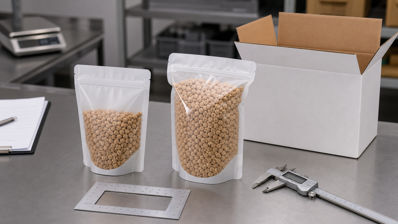 Filled Pouch Size Check Filled unbranded pouches being measured beside carton mockups and product samples