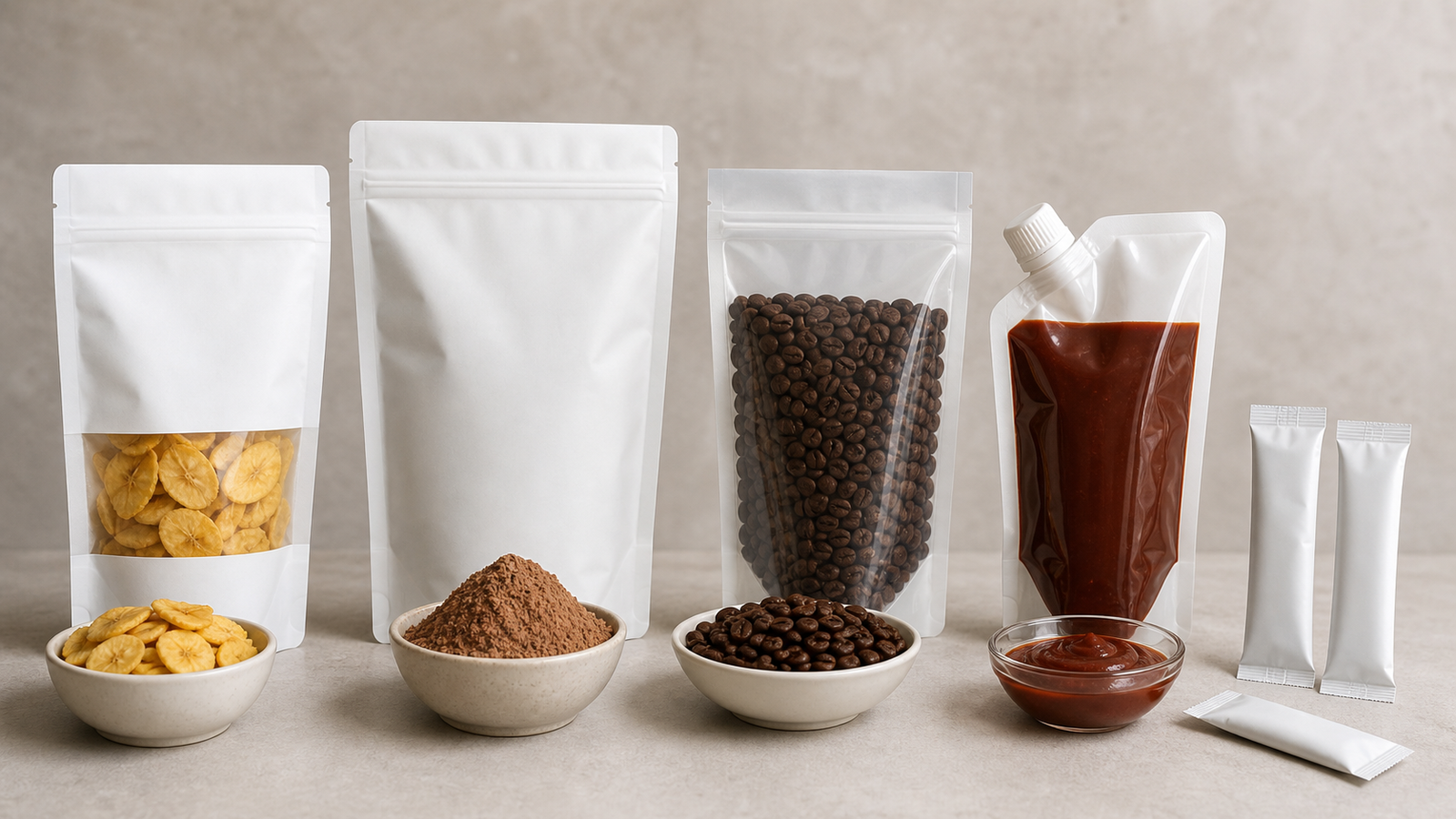 Pouches for Different Product States Unbranded pouches for different product states including dry goods, powder, coffee, liquid refill, sauce, and sample formats.