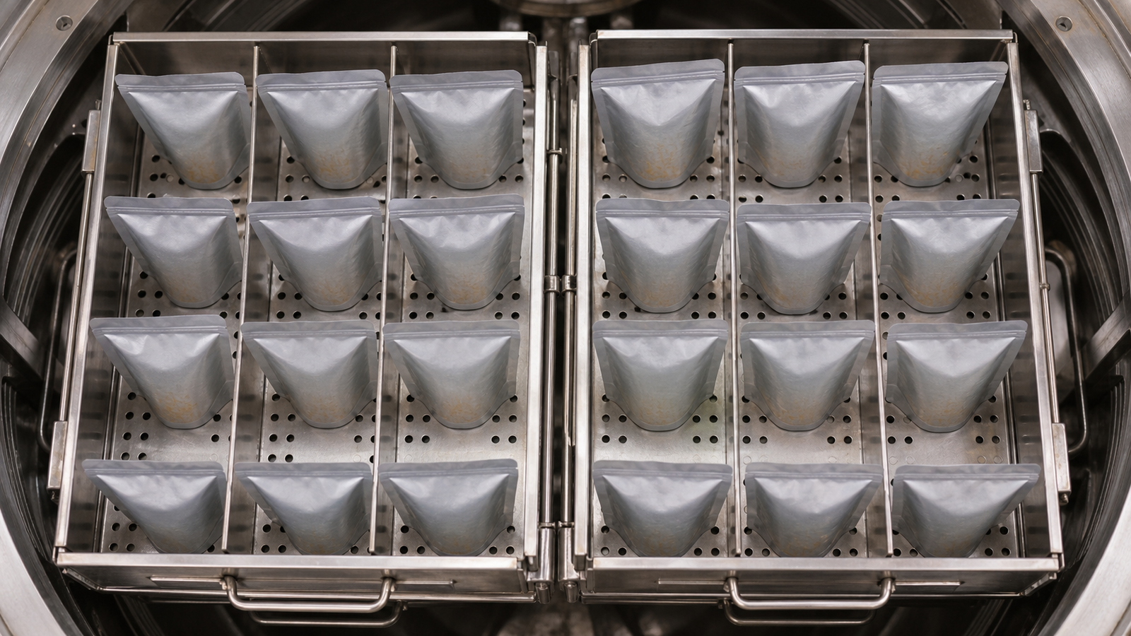 Retort Tray Loading Unbranded filled retort pouches arranged in stainless trays with dividers.