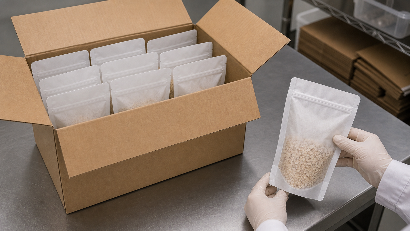 Filled unbranded pouches checked for seal posture and carton fit