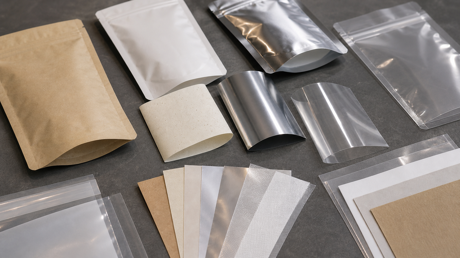 Sustainable Film Trade-Off Samples Unbranded pouch film swatches and prototypes showing different material directions for sustainability review