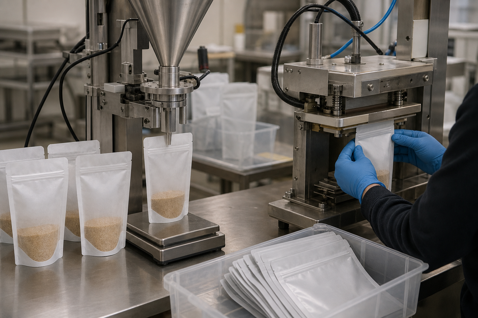 Pouch Filling Line Check Unbranded zipper pouches moving through a premade pouch filling setup with visible nozzle clearance.