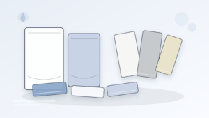 Unbranded pouch material samples, film swatches, and a caliper arranged on a clean worktable.