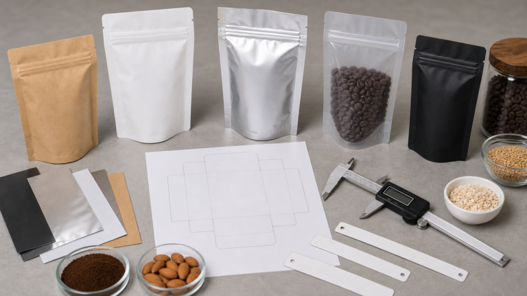 Unbranded pouch samples measured with ruler and calipers on a packaging workspace