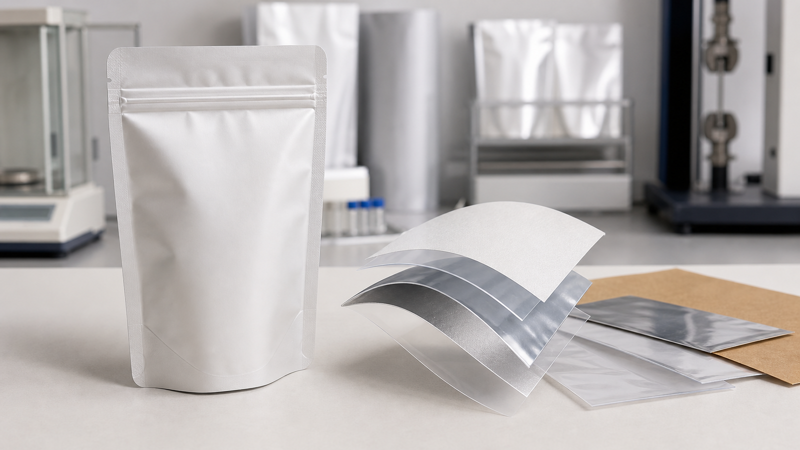 Two demonstration pouches showing dense powder and irregular snacks occupying different volumes.