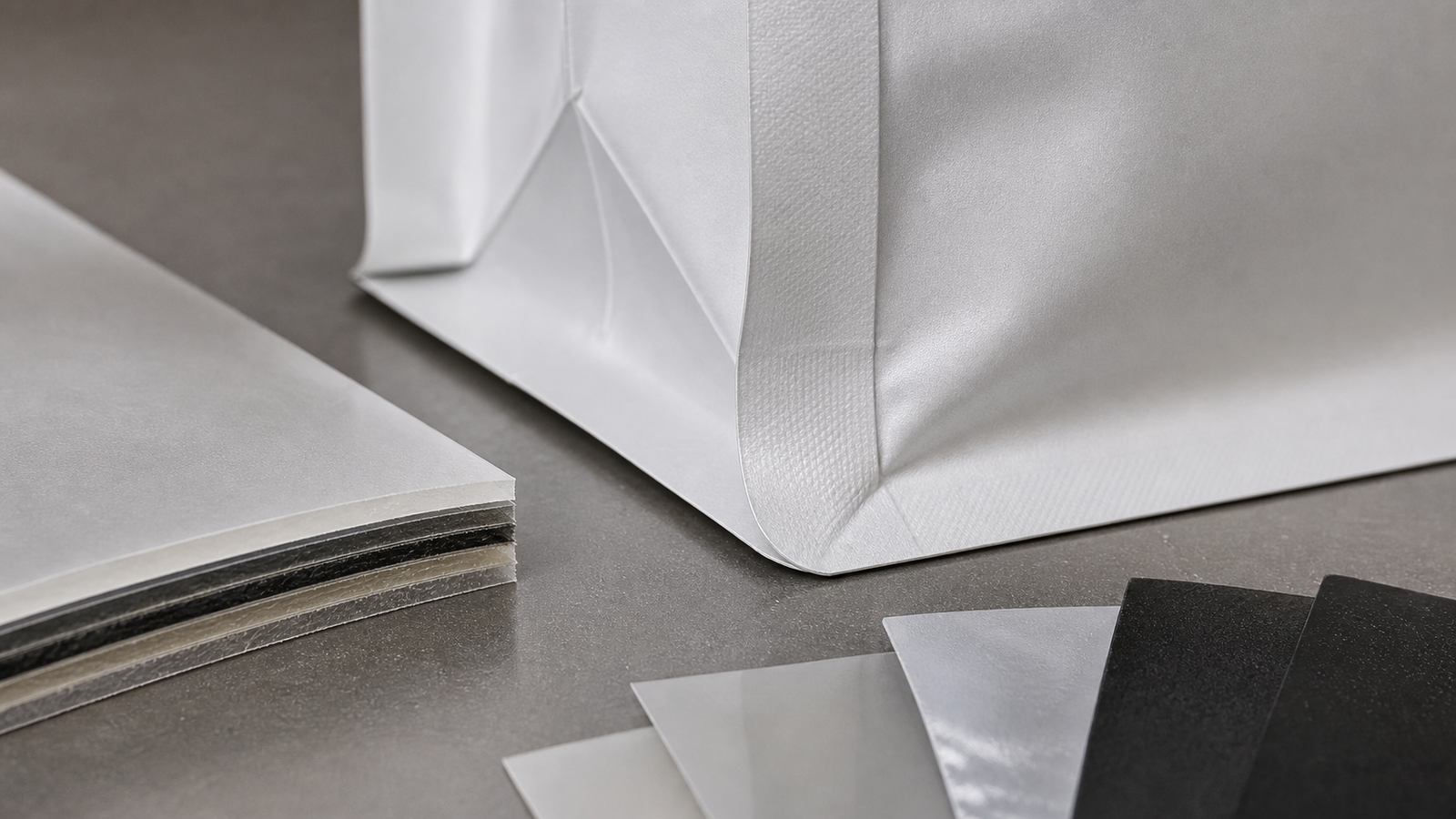 Laminate Edge and Seal Corner Detail A gusseted pouch corner, seal area, and cut laminate film edge sample