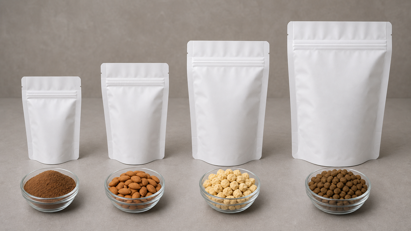 Different product forms at similar weight shown beside varied pouch sizes
