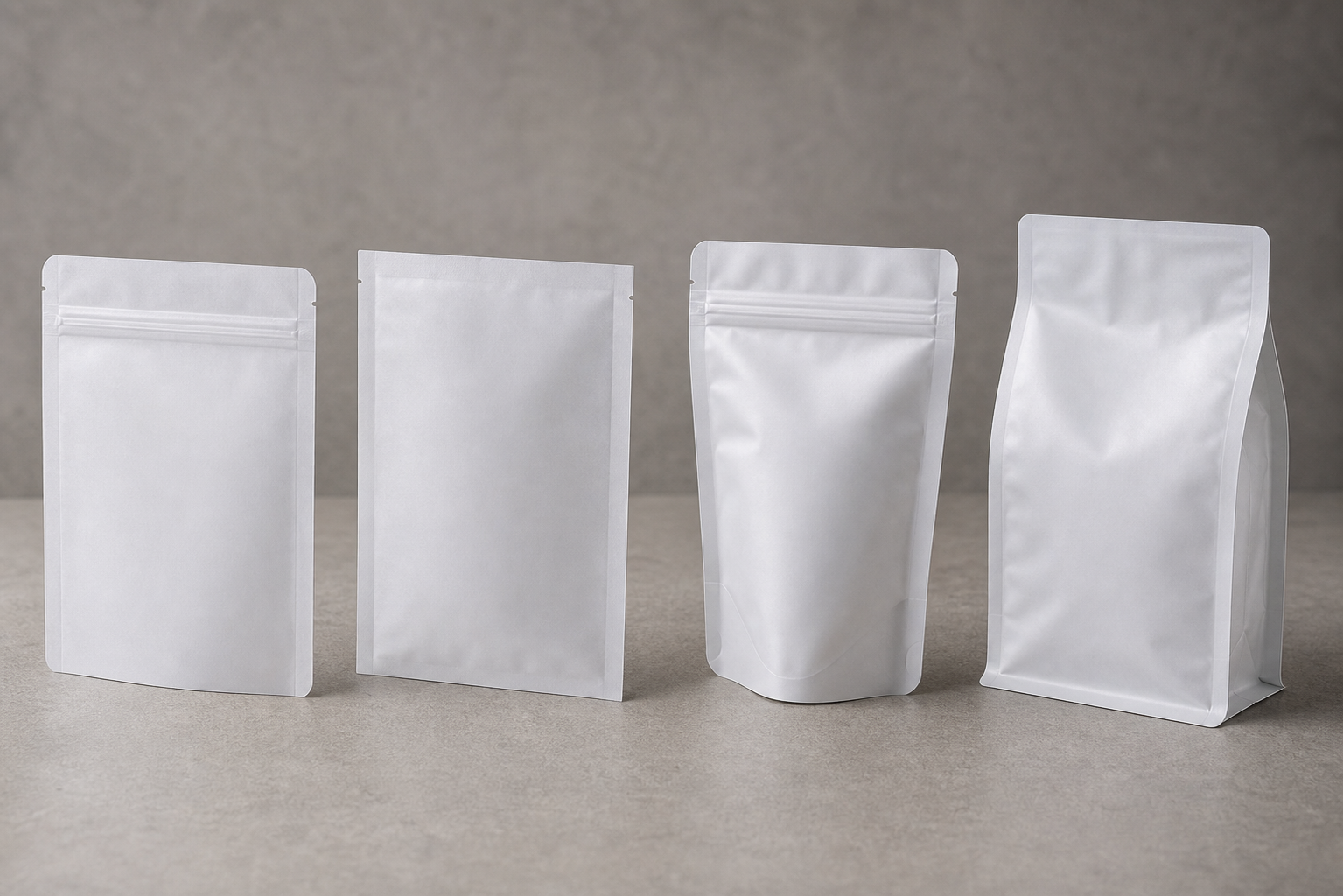 Flat and Stand-Up Pouch Forms Unbranded flat, three-side-seal, stand-up, and flat-bottom zipper pouch forms arranged for comparison.