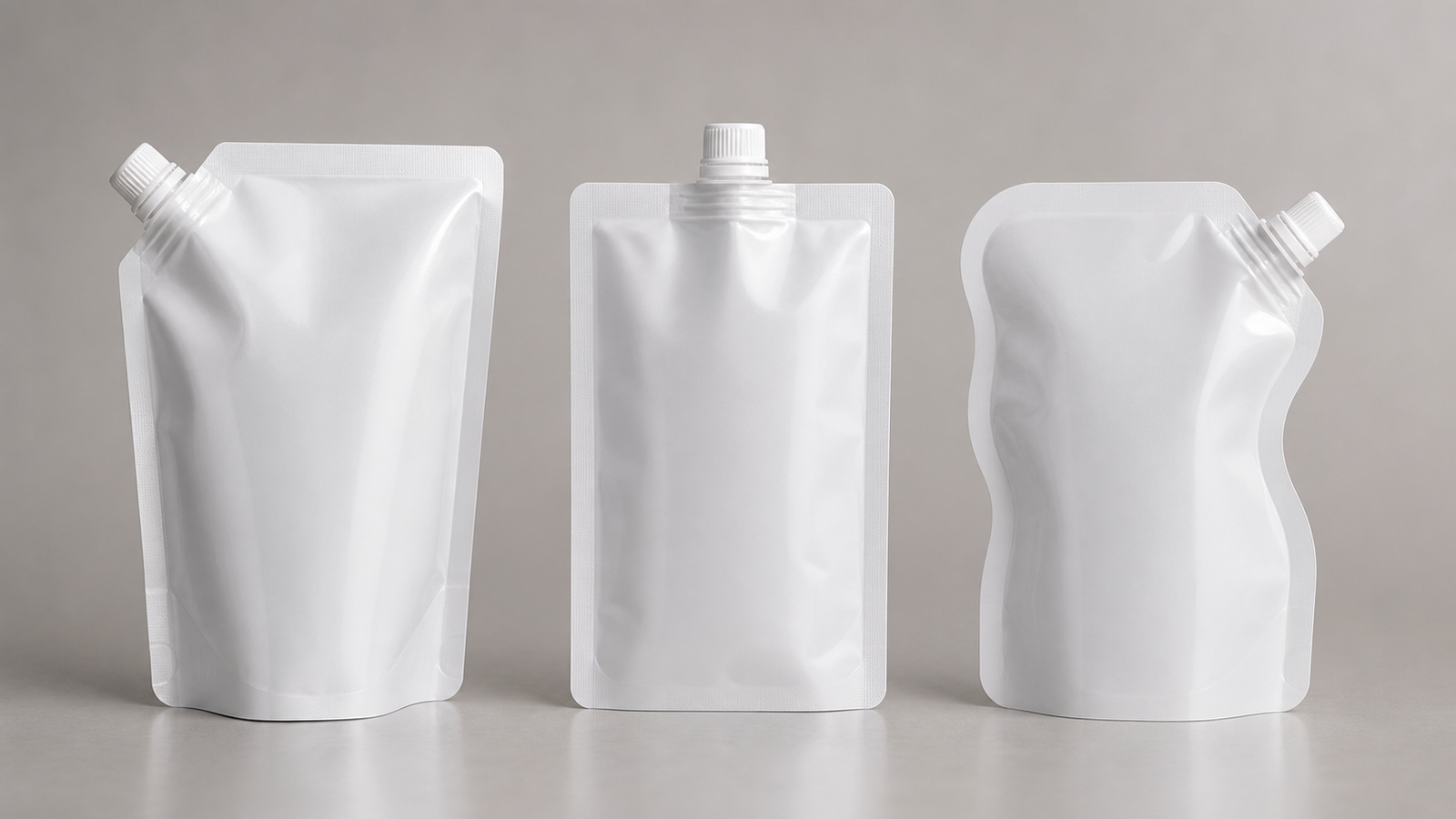 Unbranded stand-up, flat, and shaped spout pouches displayed side by side.