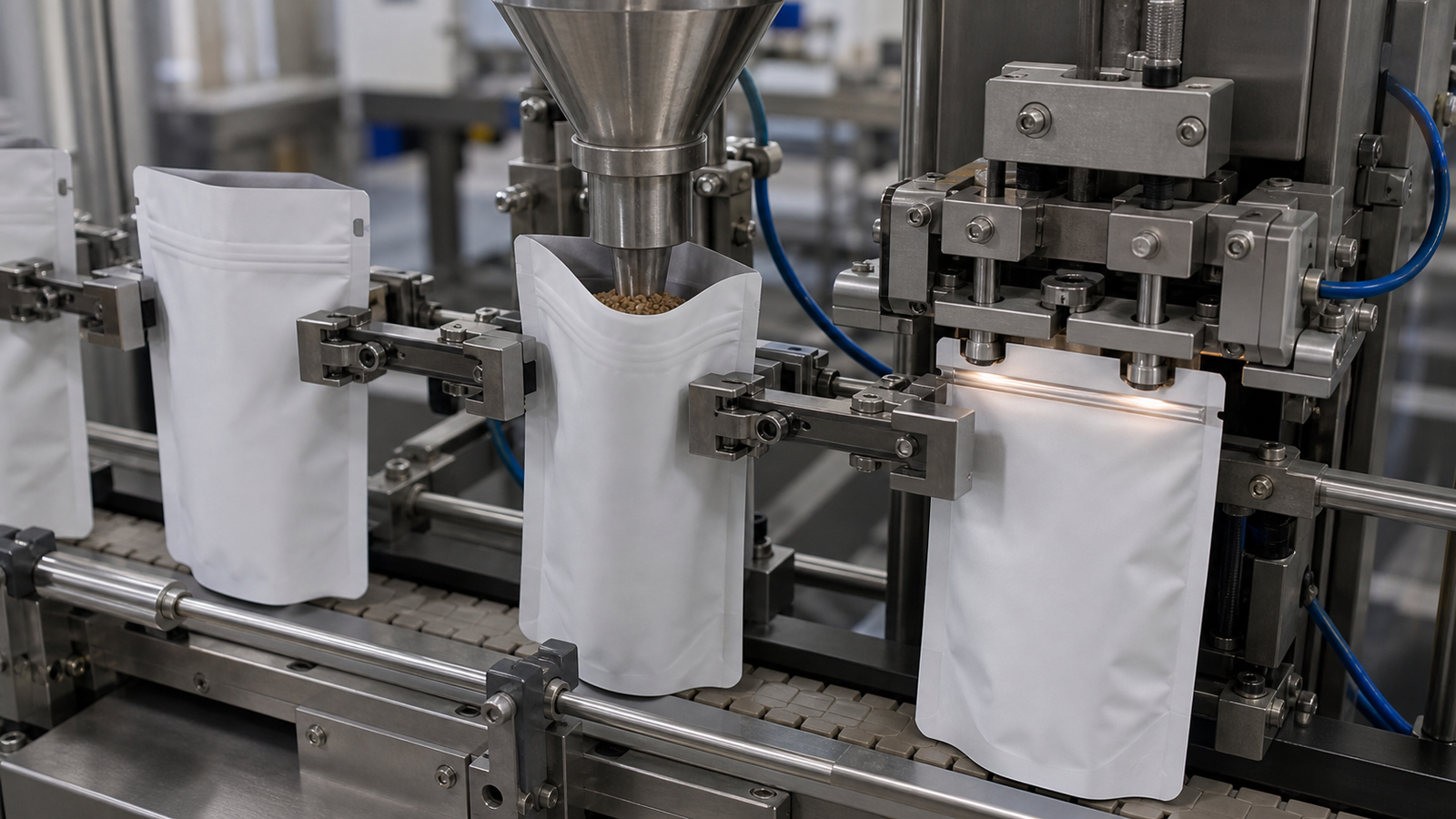 Premade stand-up pouches beside rollstock feeding into flexible packaging equipment.
