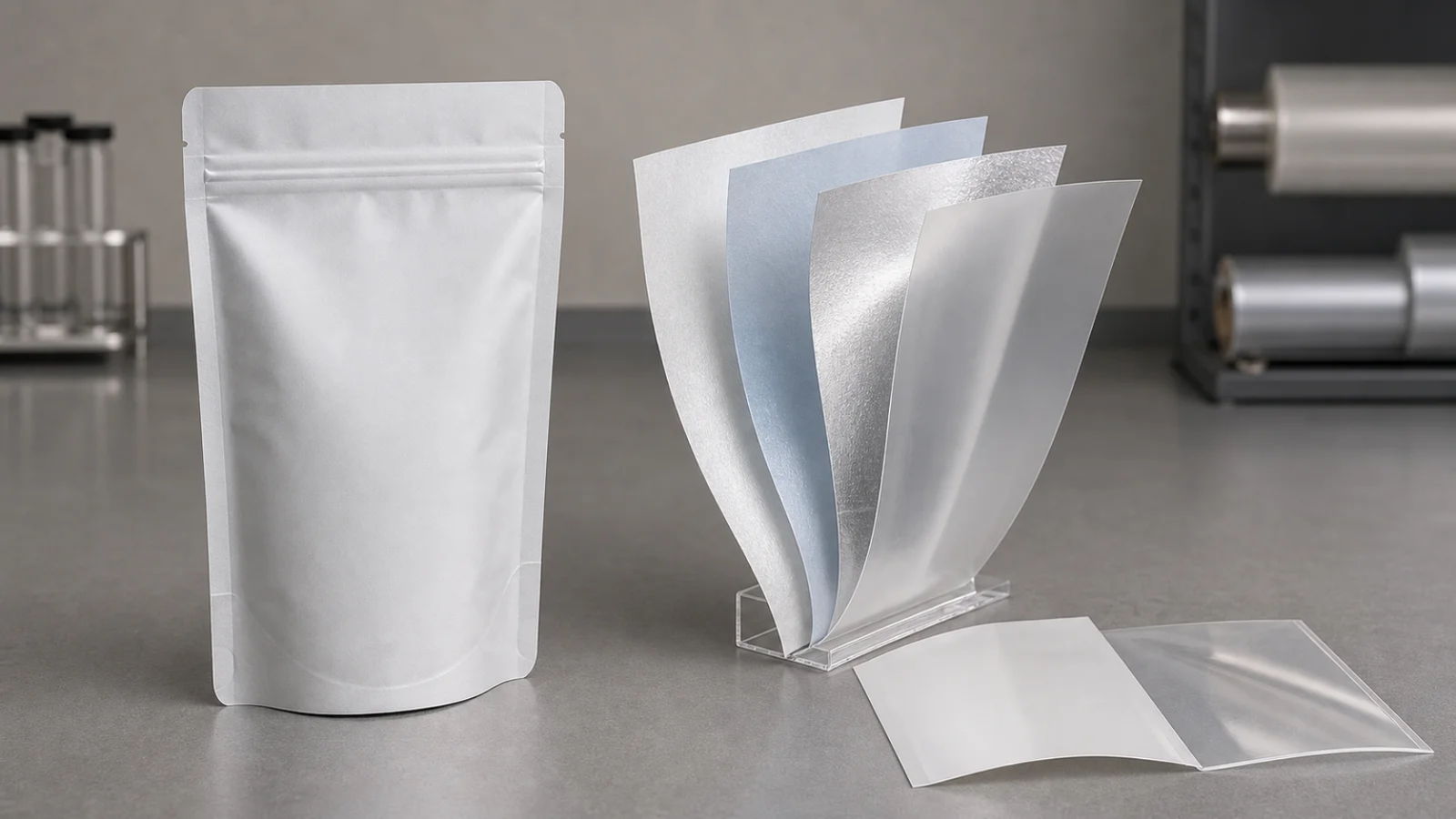 Flexible Pouch Material Layers A flexible pouch with an exploded view of film layers and separate clear and opaque panels.