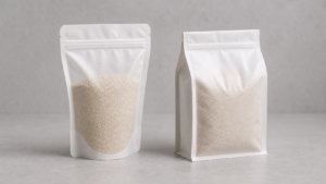 An unbranded stand-up pouch beside a rectangular flat bottom pouch, showing their different filled shapes and bases.