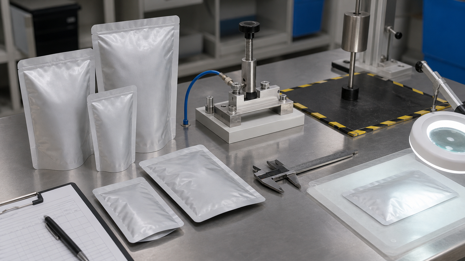 Finished Pouch Test Bench Finished unbranded retort pouches on a quality inspection bench with test tools.