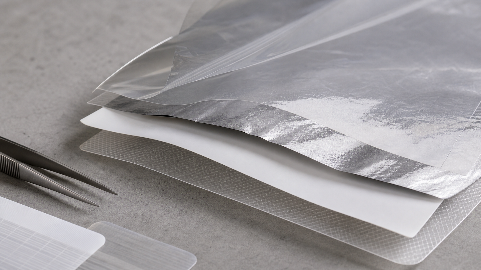 Barrier Film Layer Samples Layered pouch film samples and barrier material swatches shown in a lab-style setup