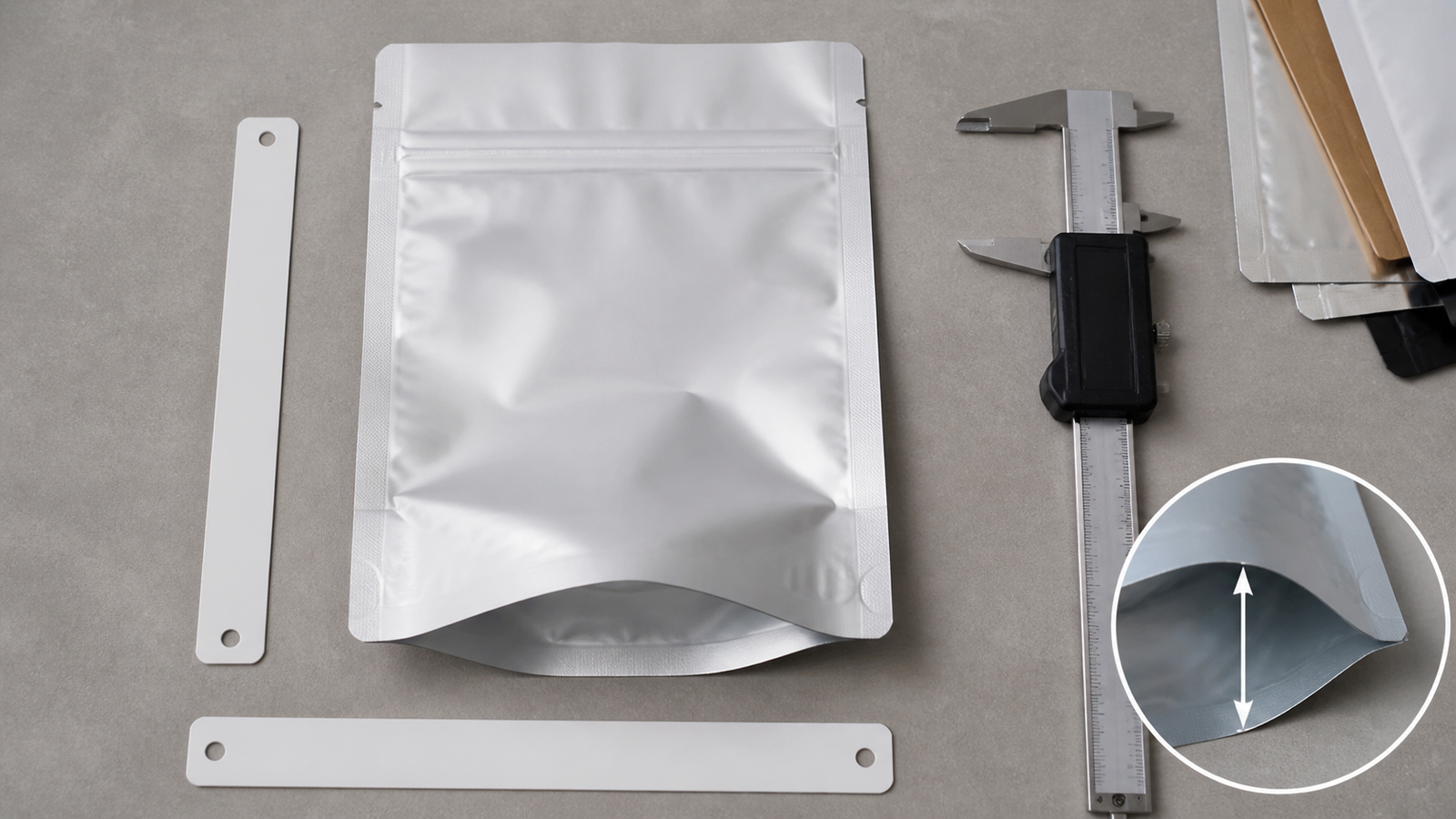 Flat stand-up pouch beside measuring tools with bottom gusset opened