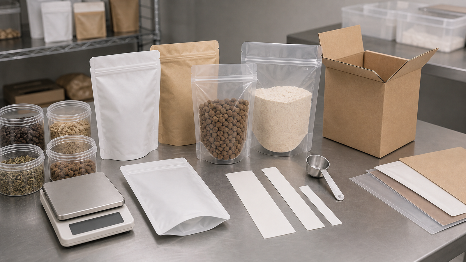Bench fill test setup with pouch samples, product containers, scale, and carton