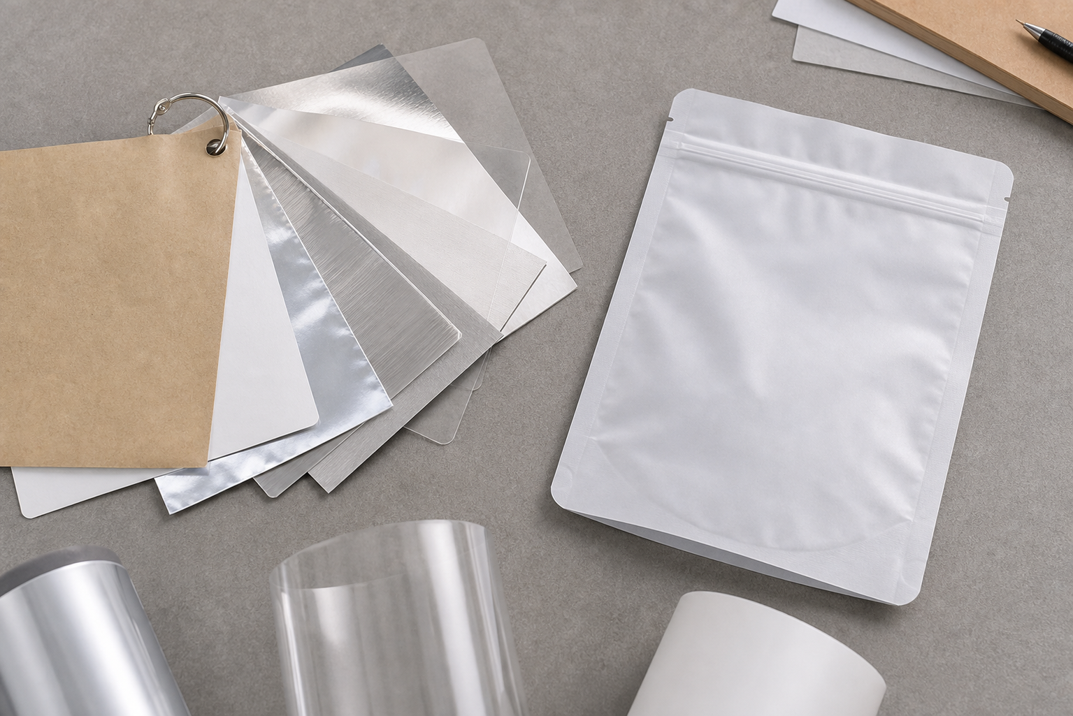 Laminated Film Layers Flexible packaging film strips and pouch samples showing different laminate textures and layered edges.
