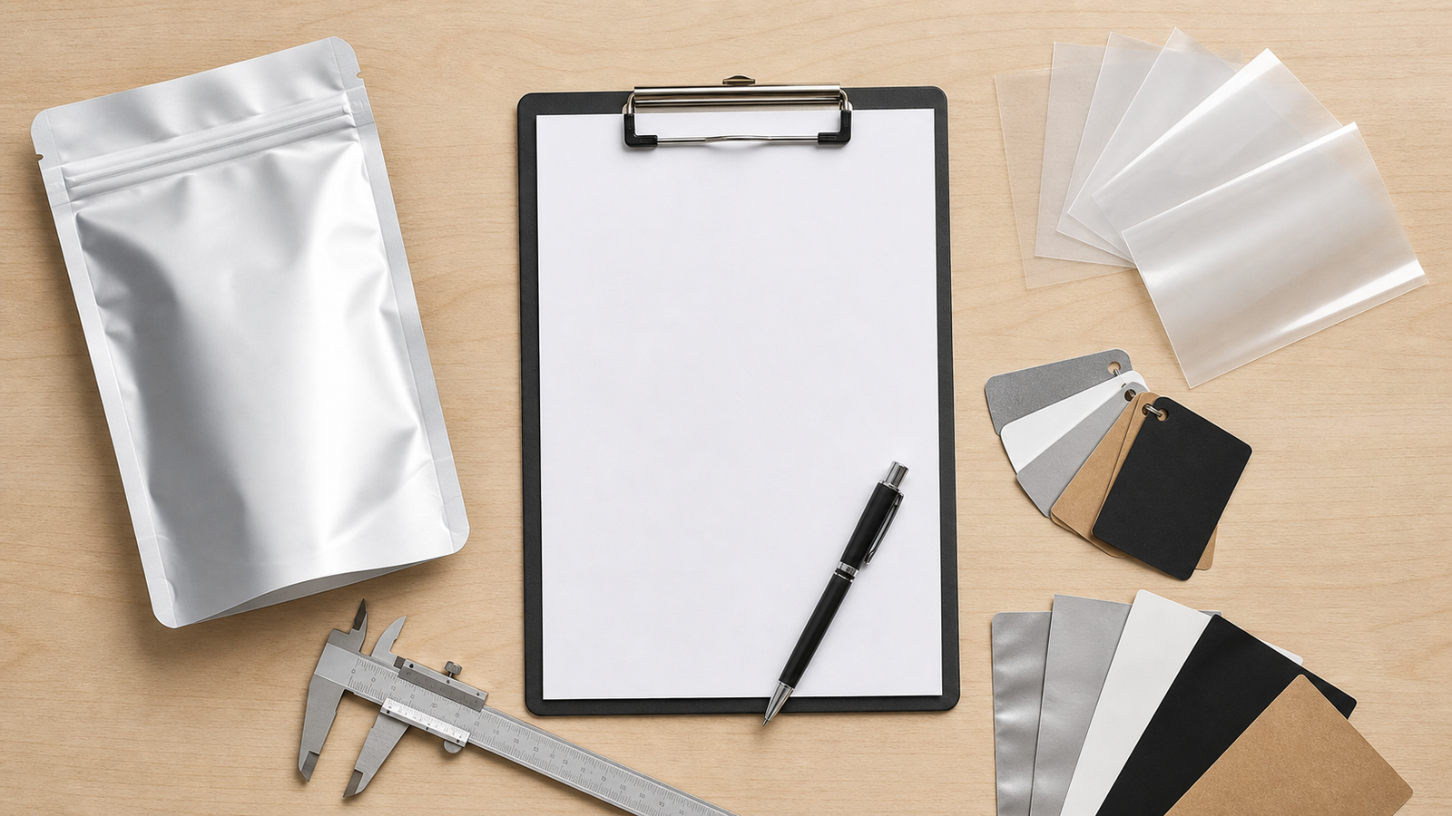 Pouch RFQ Specification Desk Desk with unbranded pouch samples, blank specification sheets, measuring tool, and film swatches for pouch RFQ preparation.