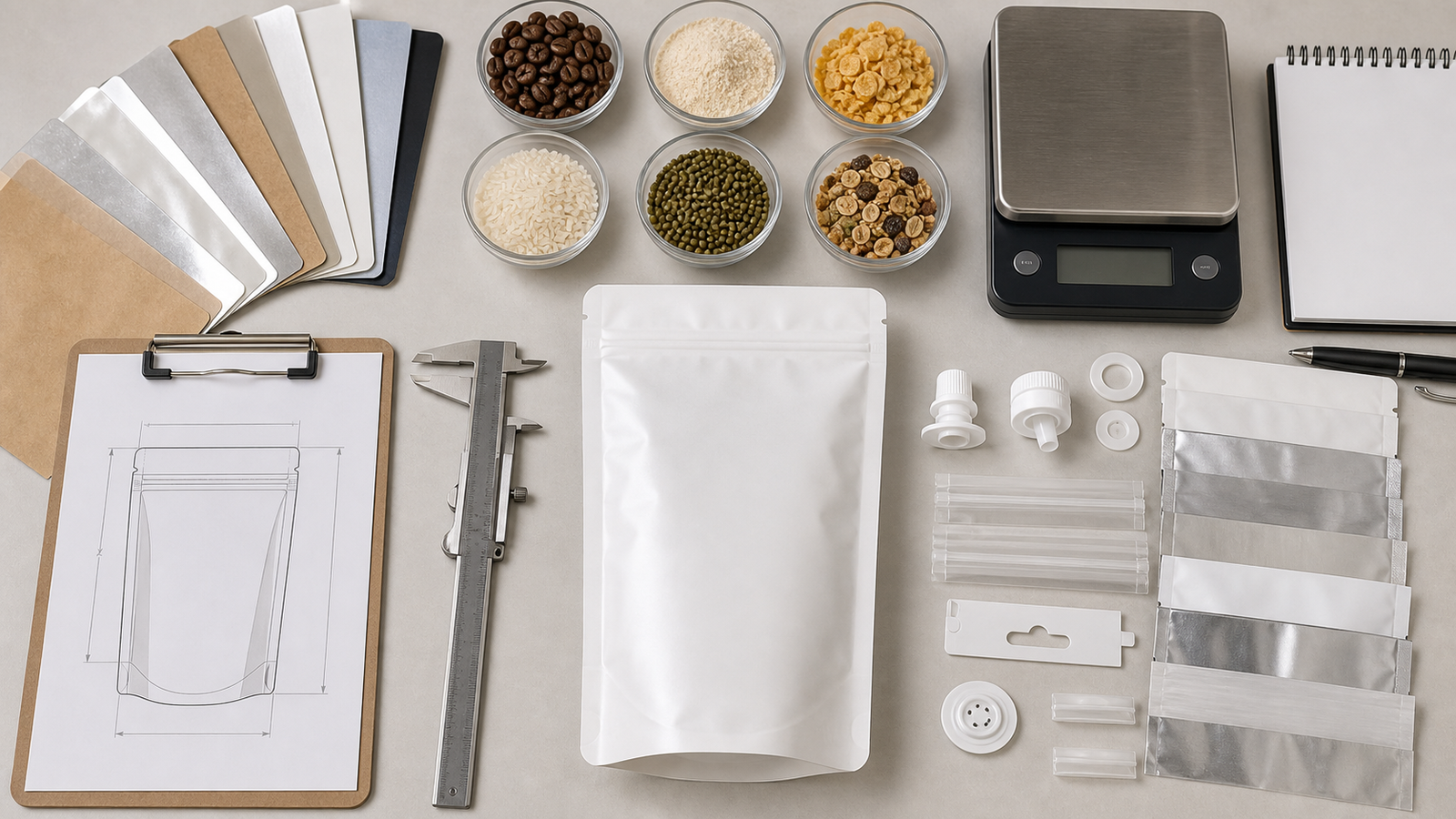 Packaging specification workspace with pouch sample, dimension drawing, material swatches, zipper, product, and rollstock.