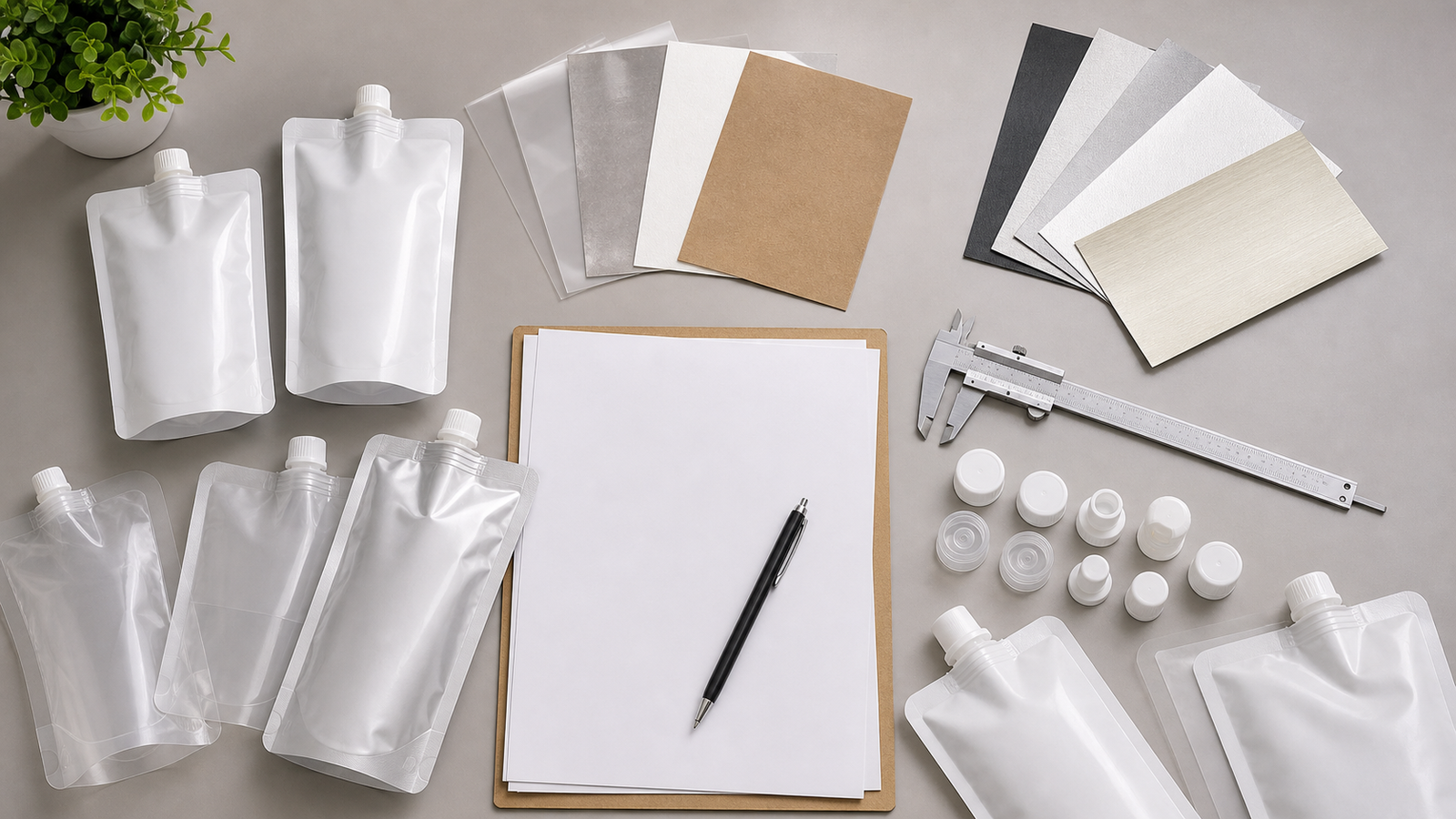 Unbranded spout pouch samples, material swatches, caps, caliper, and blank specification sheets on a desk.