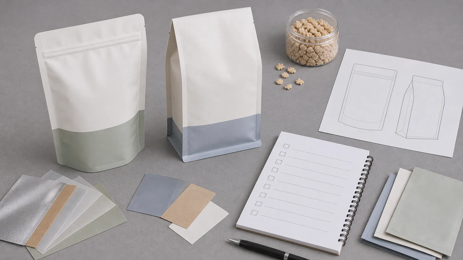 Custom Pouch RFQ Review Pouch samples, film swatches, measuring tools and a blank RFQ checklist arranged on a packaging desk.