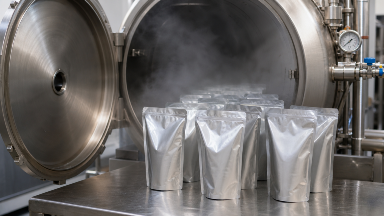 Unbranded silver retort pouches arranged near stainless thermal processing equipment.