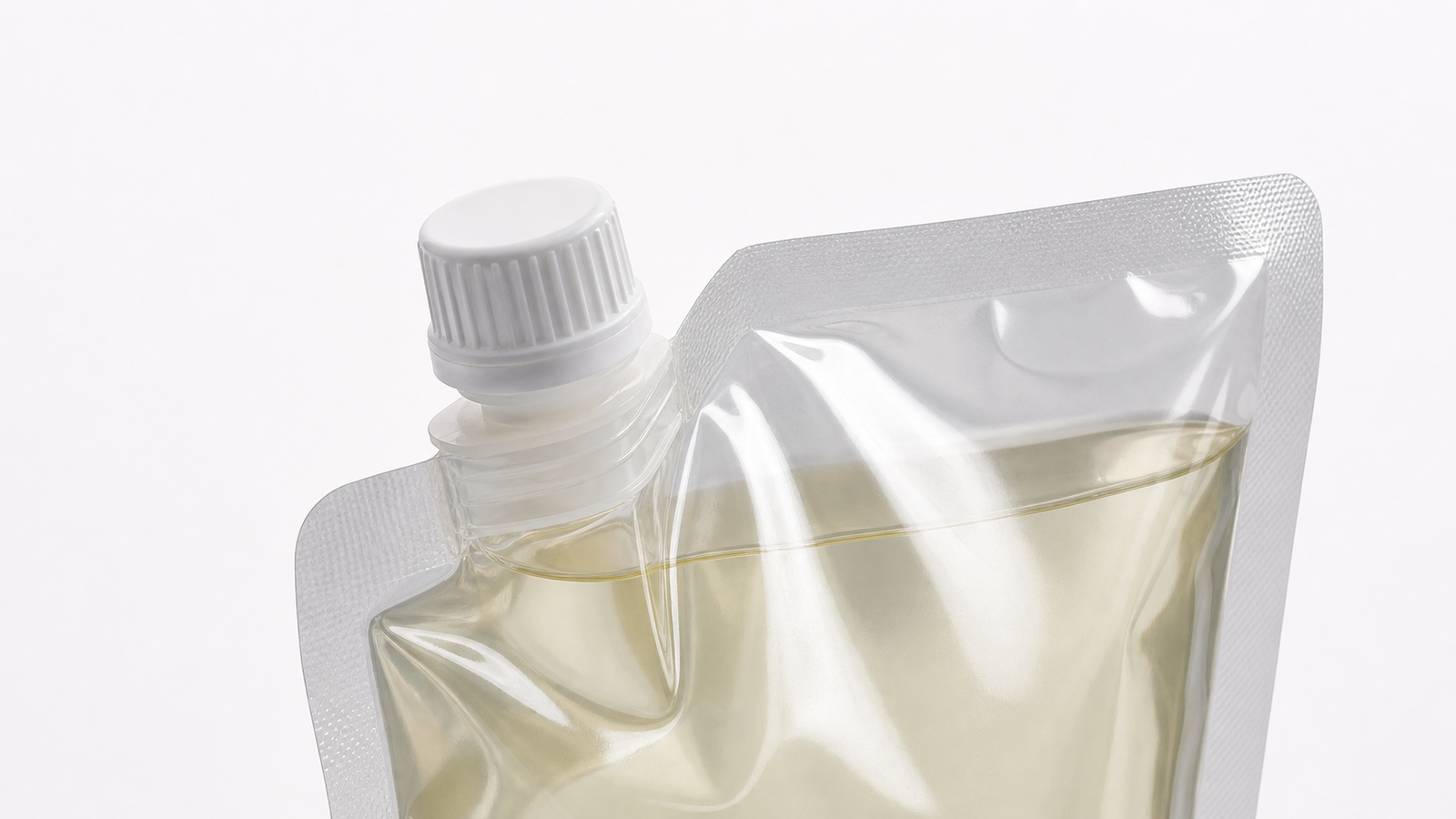 Close-up of an unbranded flexible pouch with a plastic spout body and screw cap.